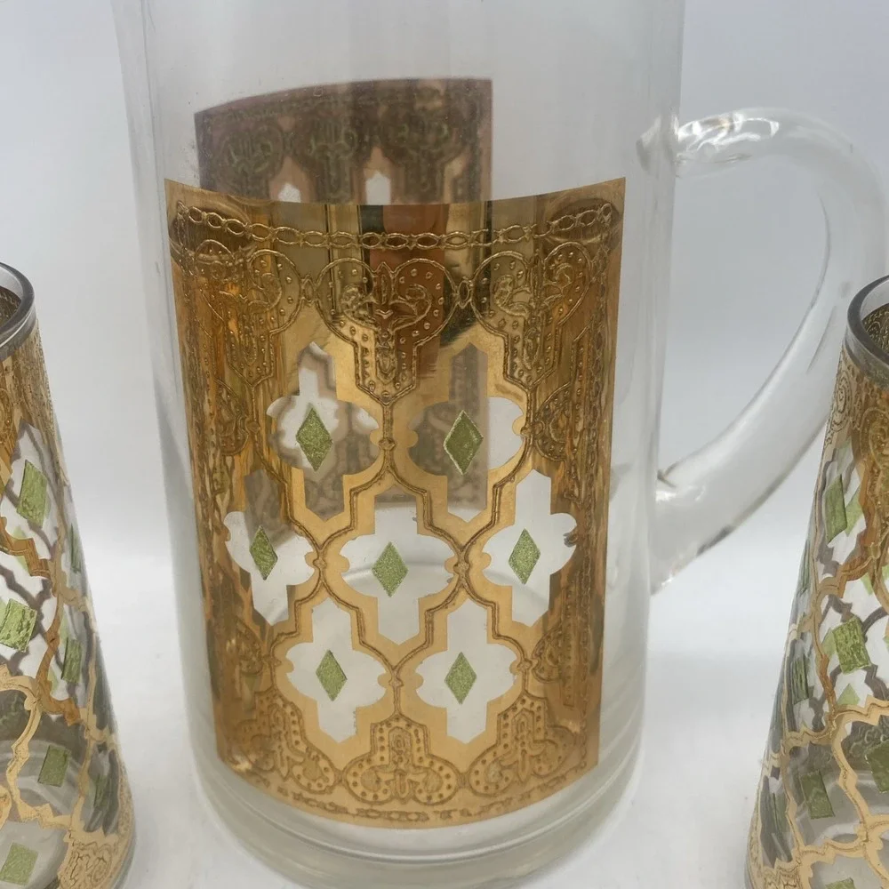VTG MCM Culver Valencia  22k Gold Tumblers 5 Pc Glasses & Pitcher Barware Set